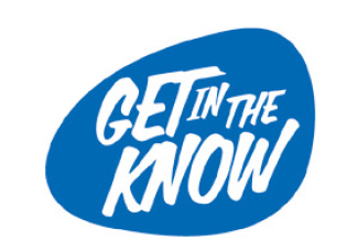 Get in the know logo. Blue irregular oval shape containing the words Get in the Know in white text.